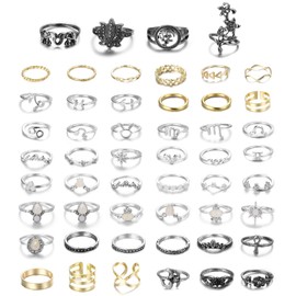 Dochais 50/101 Pcs Adjustable Rings Set for Women Vintage Silver Knuckle Rings Set Boho Snake Turquoise Butterfly Simple Finger Rings Wave Joint Stackable Thumb Open Midi Rings Set for Teen Girls