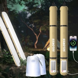SELORSS Inflatable Solar Camping Lighting 33.86 inches/86 cm Foldable Outask Telescopic Lamp, Portable Outdoor 2000 mAh LED Light Waterproof with White Light for Camping - Pack of 2 Khaki