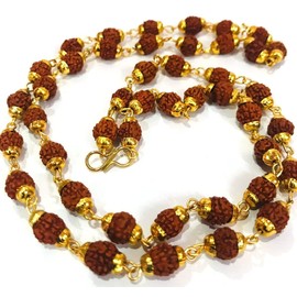 Nature 5 Mukhi Rudraksha 6mm 45 Beads Mala with Golden Cup Fancy Holy Jewellery Symbol of Spirituality Religion Reiki for Peace, Balance,Meditation Every Wear Unisex Accessory Gift