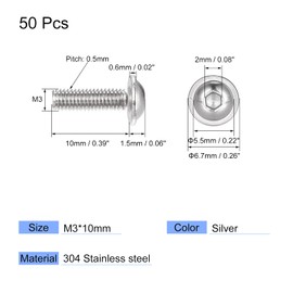 sourcing map Flanged Button Head Socket Cap Screws, M3*10mm Hex Socket Drive Screw, 304 Stainless Steel Fasteners Bolts, Fully Threaded Machine Screw 50Pcs