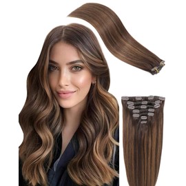 Missme Clip-In Real Hair Extensions, 7 Pieces, 45 cm, 18 Inches, 120 g, Hair Extensions, Real Hair, 16 Pieces, Clips, Dark Brown Balayage Clip-In Real Hair, Remy Extensions