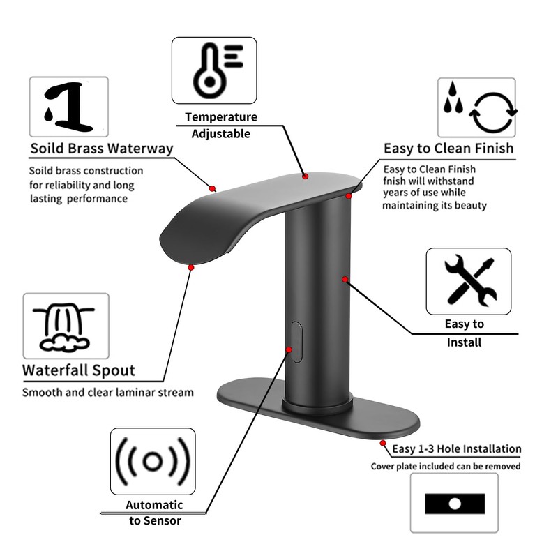 GGStudy Matte Black Automatic Sensor Touchless Bathroom Sink Faucet with
