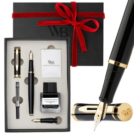 Wordsworth & Black Fountain Pen Set,18K Gilded Medium and Extra Fine Nib,25MLBlack Ink Bottle,6 Ink Cartridges,Refill Converter,Gift Box,Smooth Writing Pens [Black Gold],Gift Set for Men and Women
