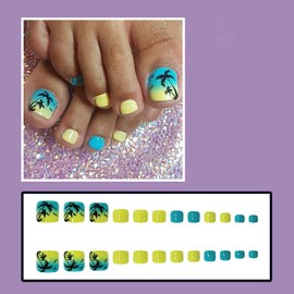 24Pcs Coconut Tree Press on Toenails for Women Summer Short Toe Fake Nails Full Cover Toe nail Press on Ombre False Toenails Reusable Acrylic Nails Ocean Breeze Design Glossy Stick on Toenails