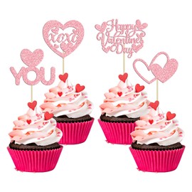 24 piezas de adornos para cupcakes con purpurina para el día de San Valentín, corazón con texto en inglés "I Love You", decoración para bodas, compromisos, despedidas de soltera, fiesta temática, decoración de pasteles, color rosa
