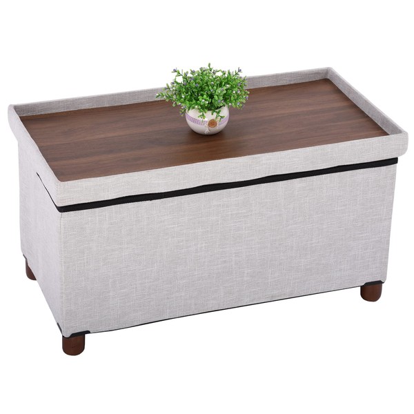 Ao Lei 30 Inches Storage Ottoman Bench with Wooden Legs for Living Room, Folding Foot Rest Removeable Lid for Bedroom End of Bed, Linen Fabric, White