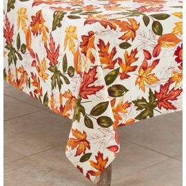 Fennco Styles Warm Embroidered Autumn Leaves 100% Cotton Tablecloth 65 x 160 - Multicolored Holiday Table Cover for Thanksgiving, Banquets, Family Gathering and Special Occasion