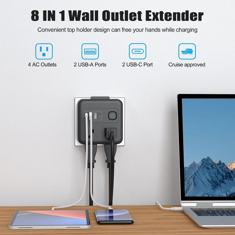 Multi Plug Outlet Extender with 2 USB-A + 2 USB-C