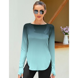ZHENWEI Long Sleeve UPF 50+ Shirts for Women Outdoor Athletic Sun Shirts Quick Dry Running Boat Neck Light Weight Gym Tops (Black Blue Tie-Dye, L)