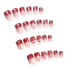LBPEPAMZ 24Pcs Valentine's Day Press on Nails Short Square Fake Nails with XO Colorful Heart Designs Red Gradient Silver Glitter French Tips False Nails Mix-Color Rhinestones Stick on Nails for Women