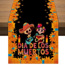 Mexican Day of The Dead Table Runner Mexico Dia De Los Muertos Sugar Skull Table Cover Dining Room Kitchen Home Indoor Outdoor Holiday Party Table Decoration (13" x 108")