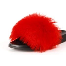 Hangrui Women's Faux Fur Slides, Open Toe Cute, Comfortable Fluffy Slippers, Red1, 9