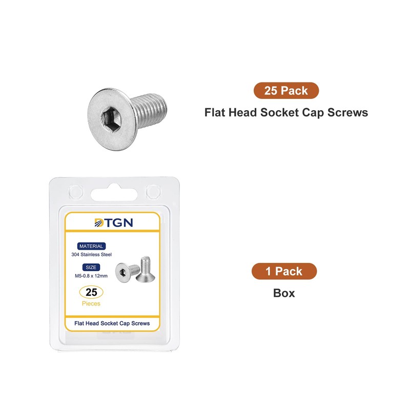 DTGN M5-0.8 x 12mm Flat Head Socket Cap Screws, 25