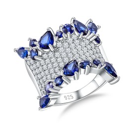 RANDES Sapphire and Diamond Ring Sterling Silver Wedding Anniversary Band Statement Chunky Wide Ring 4 Carat Blue Gemstone Ring Size 6