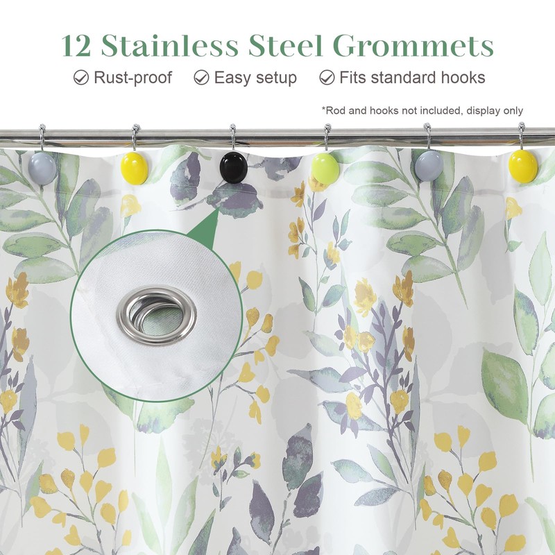 DS BATH Sage Fabric Shower Curtain, Boho Green Yellow Floral
