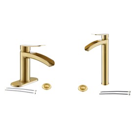 Single Handle Waterfall Faucet for Bathroom Sink in Brushed Gold Finish, with Metal Pop Up Drain Assembly and CUPC Water Supply Lines by Phiestina, NS-SF01-BG+NS-WF01-BG-V