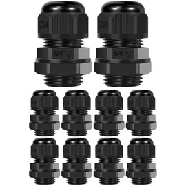 Oualhoo 1/2" NPT Nylon Cable Connector, Strain Relief Cord Connector, IP68 Waterproof Adjustable Locknut, Wire Pass Through Grip, Black, 10 PCS