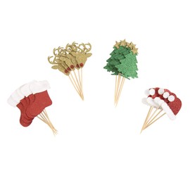 Partico 24 Pcs Christmas Glitter Cupcake Topper Food Fruit Picks Decorations for Christmas Party Favors Includ Santa Hats, Christmas Tree, Red Socks, Golden Reindeer