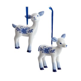 The Bridge Collection Delft Blue and White Deer Ornaments - Set of 2 - Porcelain Floral Baby Deer Ornaments for Holiday Decor - Floral Fawn Christmas Ornaments