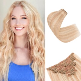 SEGOHAIR Clip in Hair Extensions Human Hair, 10inch 85g 7Pcs Dark Blonde with Bleach Blonde 100% Real Human Hair Double Weft Straight Clip in Hair Extension Seamless for Effortless Volume