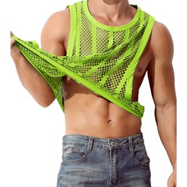 JINSHI Men's Fishnet Striped Athletic Tank Tops Mesh Tops Loose Sleeveless Vest See Through Undershirts Muscle Shirts Swimwear Green L
