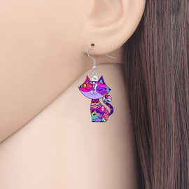BONSNY Colorful Cat Earrings Geometric Tribal Pattern Dangle Jewelry for Women Kitten Lovers Gifts Novelty Fun Hypoallergenic Charms (Purple)
