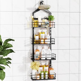 ODesign 4 Tier Height-Adjustable Shower Caddy Hanging Anti-Swing-Over The Shower Head Caddy-Sho wer Storage Organizer Bathroom Shelves Basket Caddies-Black