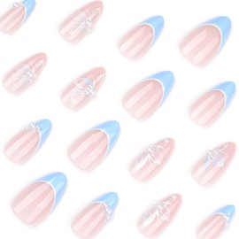 Blue French Tip Almond Press On Nails with Glue, Acrylic Butterfly Pearl Fake Nails for Women, Elegant Handmade 3D Stick On Nails, 24Pcs Reusable Medium Length False Nails for Wedding Party Daily