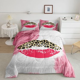 Kiss Bedding Set Kids Cow Fur Glitter Comforter Set Boys Pink Cow Girls Decor Lipstick Leopard Print Comforter Feminine Pink Lips White Duvet Set 3Pcs Queen Size Boys