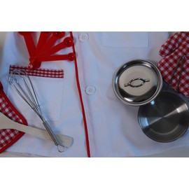 Making Believe Kids Red/White Chef Jacket & Hat Play Set - 9 Piece Miniature Stainless Steel Pan Set, Size 6-8
