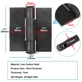 MOUNTAIN_ARK 2 Pack 7-1/4" x 6-7/8" Heavy Duty Weldable Hinges, Steel Weld On Butt Hinges for Trailer Gate