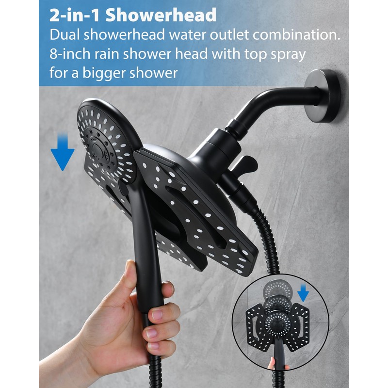 Black Shower Head with Handheld: 2-in-1 Shower Head High Pressure