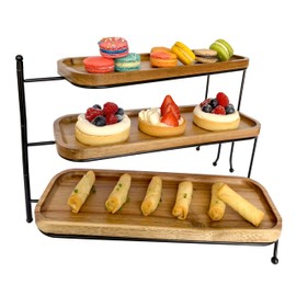 Platterly 3 Tiered Serving Trays & Platters, 13" x 5.1" Acacia Wooden Cupcake Stand, Rotatable Serving Platter & Trays with Metal Stand for Party, Charcuterie Boards, Dessert Display, Events