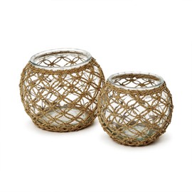 Two's Company Glass Candle Holder with Paper Wrap Lattice, Set of 2