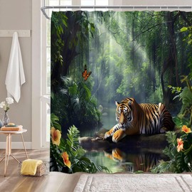 DSMEUE Rainforest Shower Curtain Green Forest Jungle Tiger Lake Floral Tree Tropical Plant Nature Scenery Landscape Summer Bathroom Decor Curtain with Hooks,70" Wx70 H