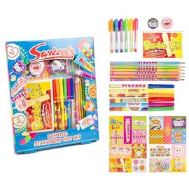 RMS Swizzels Scented Stationery Gift Set – Includes Sweet Scented Pens & Pencils Stickers & More – Fun Writing & Colouring Set for Kids & Adults