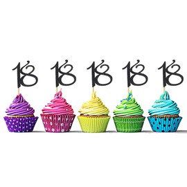 Sumerk 24PCS 18 Cupcake toppers Black Glitter 18th Birthday Cupcake Picks Anniversary Party Decorations