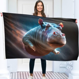 Flying Space Hippo Flag - Large Funny Flag - Double-Sided Print - 110D Polyester - Double Stitching - 2 Brass Eyelets, Large 90 x 150 cm (5 x 3 Feet)