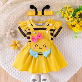 Baby Girl Clothes 3-6 Months Summer Outfit Striped Romper Suspender Skirt Ruffle Short Sleeve Cute Bee Cartoon Bow Headband Infant Set Yellow 3-6 Months