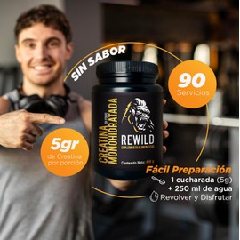 Rewild Creatina Monohidratada en Polvo de Alta Pureza Sin Sabor Endulzantes Pre Workout | Energía Rendmiento 90 porciones 5gr 450 gr