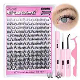 Lash Cluster Kit Fluffy Eyelash Clusters Kit 8-18mm Volume Lash Extension Kit D Curl Individual Lashes Kit Waterproof Cluster Eyelash Extension Kit with Lash Bond and Seal, Tweezers DIY at Home