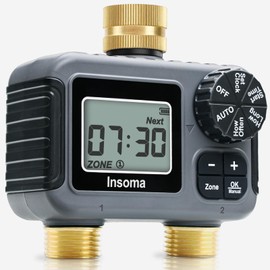 Insoma 2 Outlets Sprinkler Timer with Brass Inlet & Outlet, Water Timer for Garden Hose with Auto/Manual Modes + Rain Delay, Hose Timers for Garden, Yard Lawn, IPX5 Waterproof & Save Water