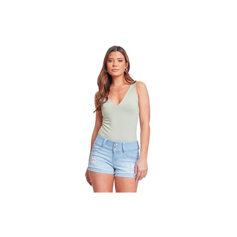 YMI Womens Junior Wannabettabutt 3-Button Mid-Rise Cuffed Hem Lightly Distressed