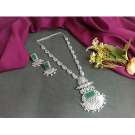 Efulgenz Oxidized Indian Jewelry Necklace Sets Indian Oxidized Jewelry Antique Boho Peacock Chain Pendant Green Crystal Necklace Set Faux Pearl Drop Jhumka Dangle Earrings Bohemian Statement Jewelry