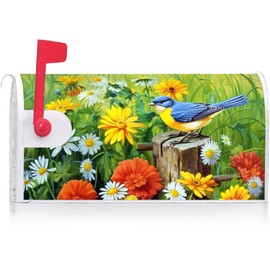 Texupday Daisy Floral Bird Decoration Mailbox Cover with Magnetic Strip Spring Summer Flower Blooms Mailbox Wraps Post Letter Box Cover Standard Size 21" X 18" for Garden Outdoor Yard Decor