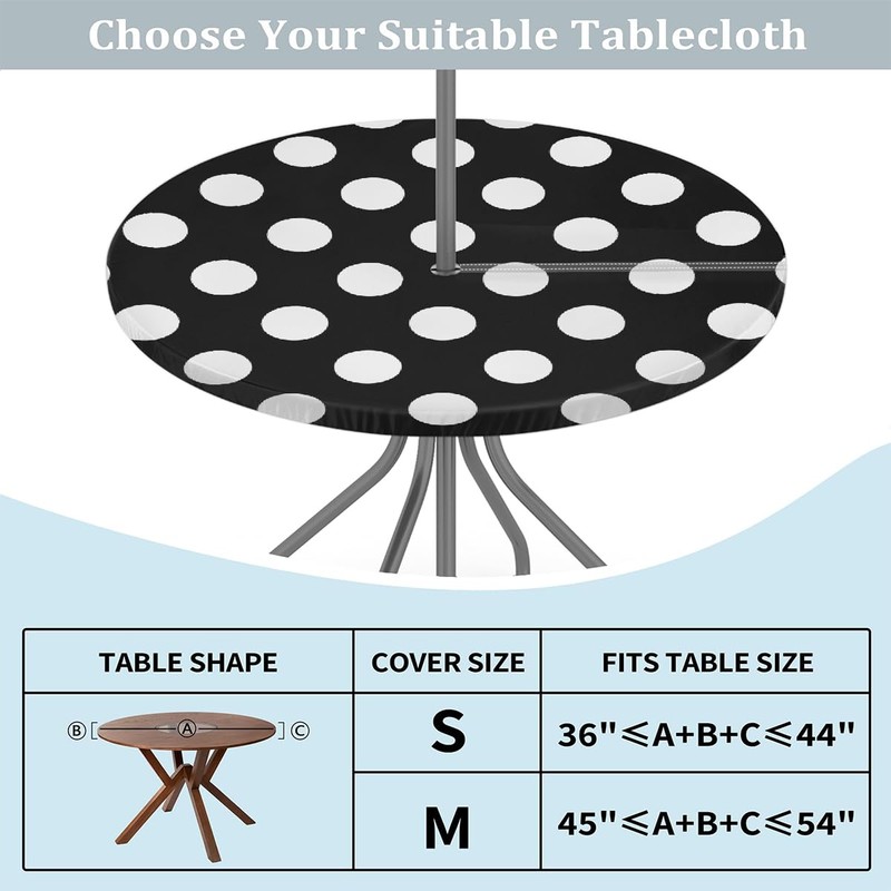 Outdoor Tablecloth with Umbrella Hole and Hidden Zipper,Black White Polka