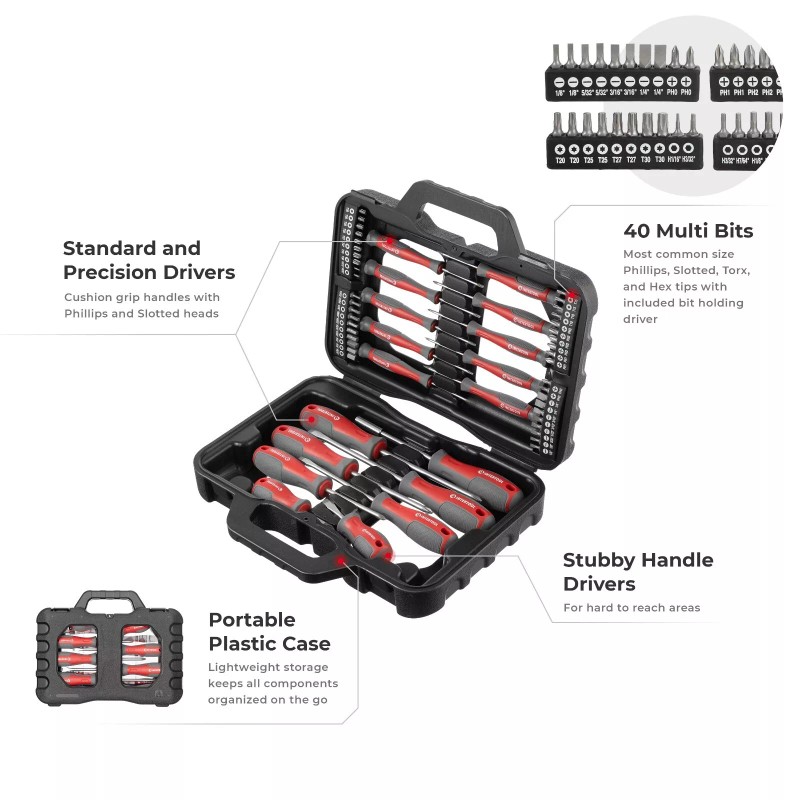 INTERTOOL 58-Piece Magnetic Screwdriver Set with Bits and Case VT08-3358