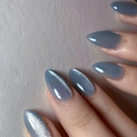KQueenest Cat Eye Press on Nails Almond Shape, 30 Pcs Glitter Baby Blue Fake Nails Medium, Thick Sparkly Glass Nails Press on, Shiny Acrylic Nails, Cute Bling Stick on Nails for Women Small Hand