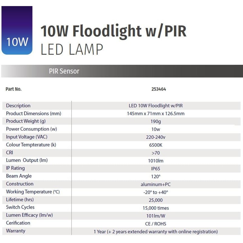 Bright Source LED Floodlight, PIR Motion Sensor, IP65, 10W, 1010lm,