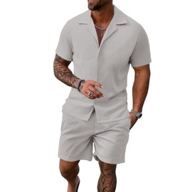 UOUA 2 Piece Short Sets for Men Summer Beach Outfits Stripe Texture Button Down Shirts & Shorts Casual Vacation Set Grey M